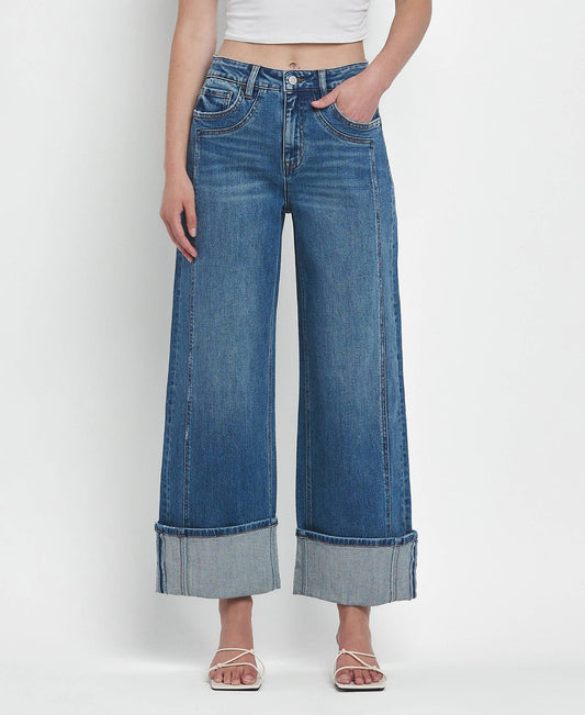 High Rise Cuffed Wide Denim