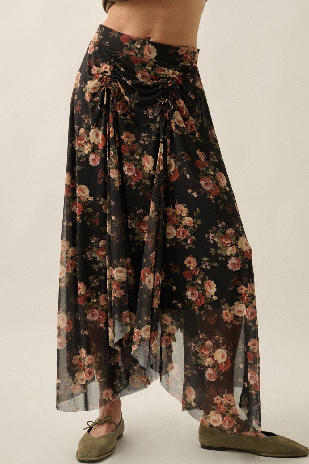 Floral Mesh Drawstring Maxi Skirt