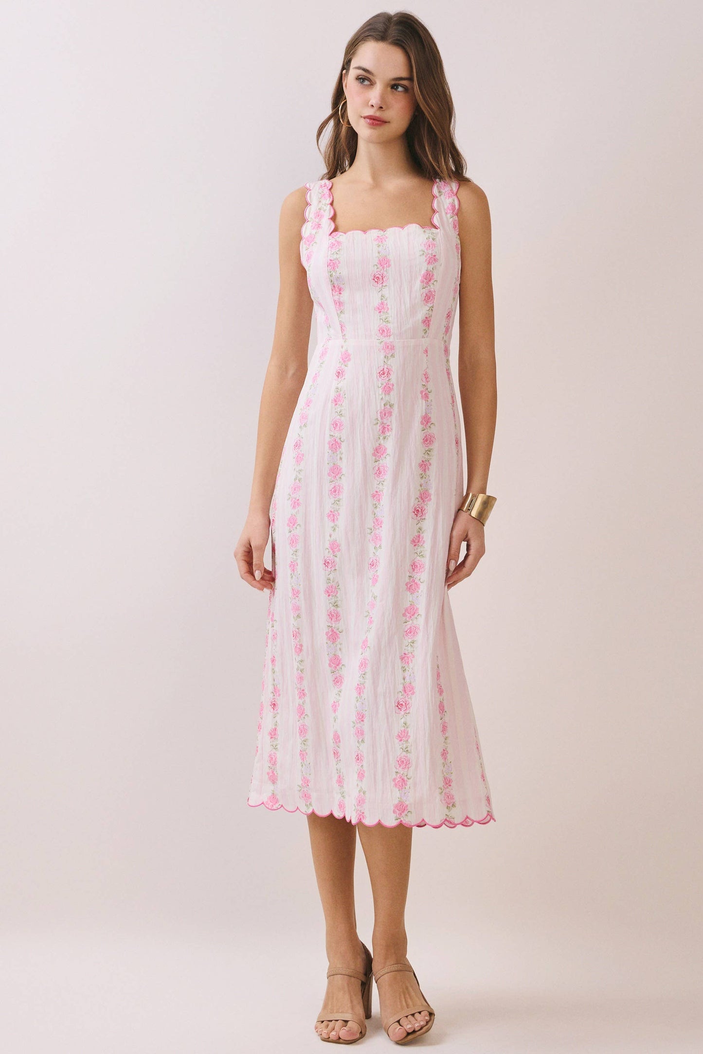 Floral Print Scalloped Detail Back Smocked Dress
