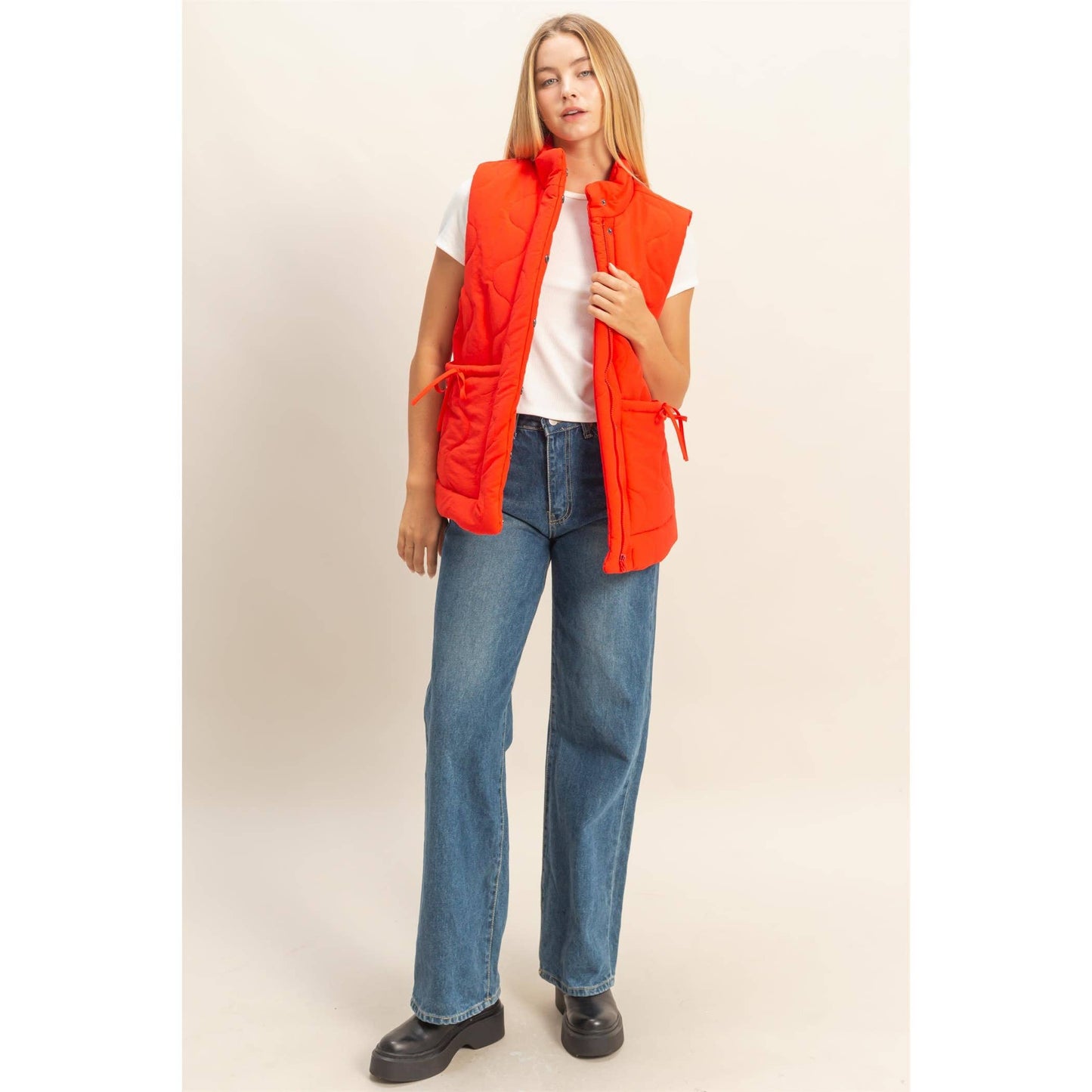 Wave Quilted Ribbon Tie Detailed Puffer Vest