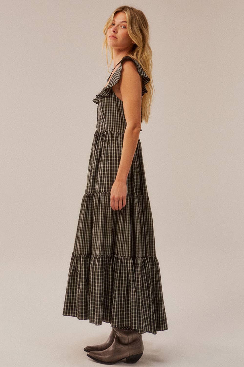 Plaid Button-Front Sweetheart Tiered Ruffle Midi Dress