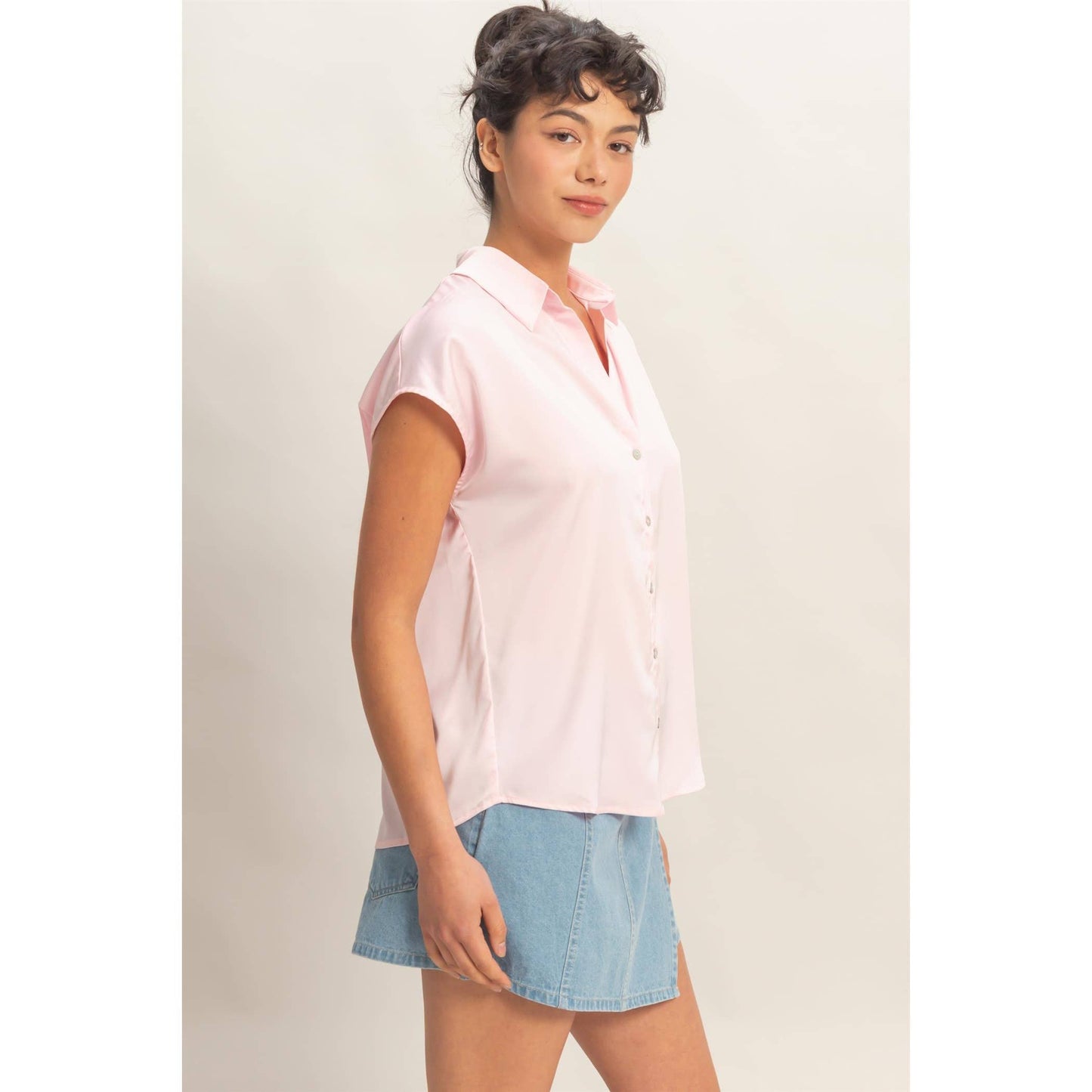 Sleeveless Satin Button-Up Blouse
