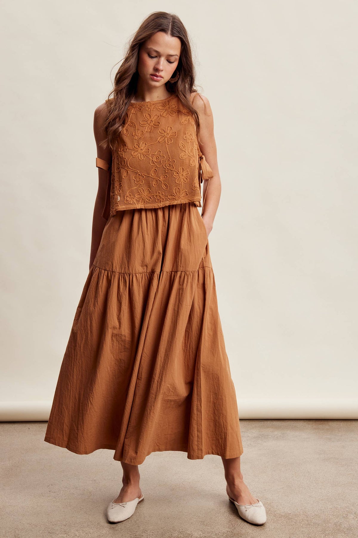 Embroidered Lace Vest & Sleeveless Midi Dress Set