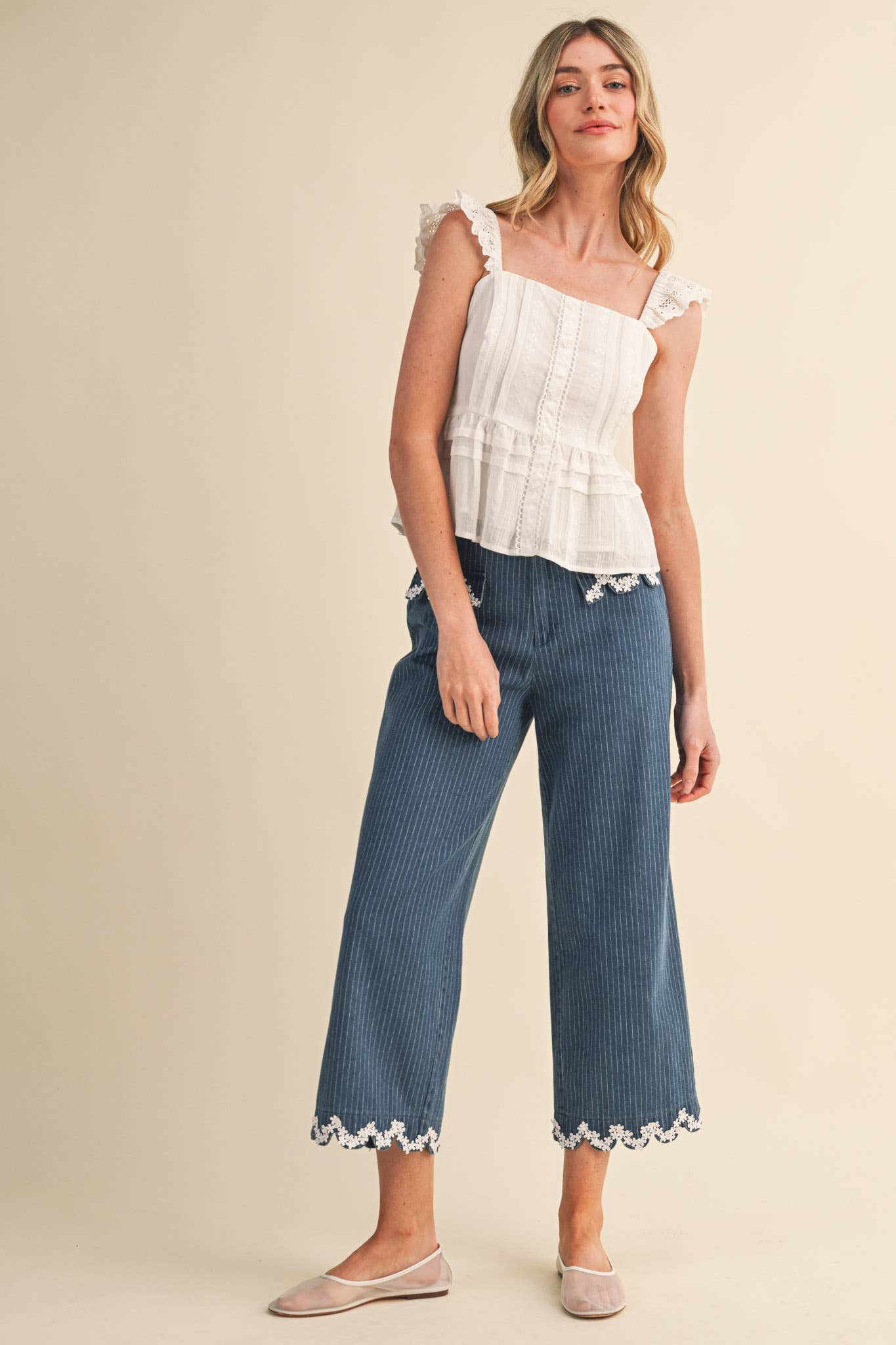 Eyelet Flutter Sleeve Peplum Top