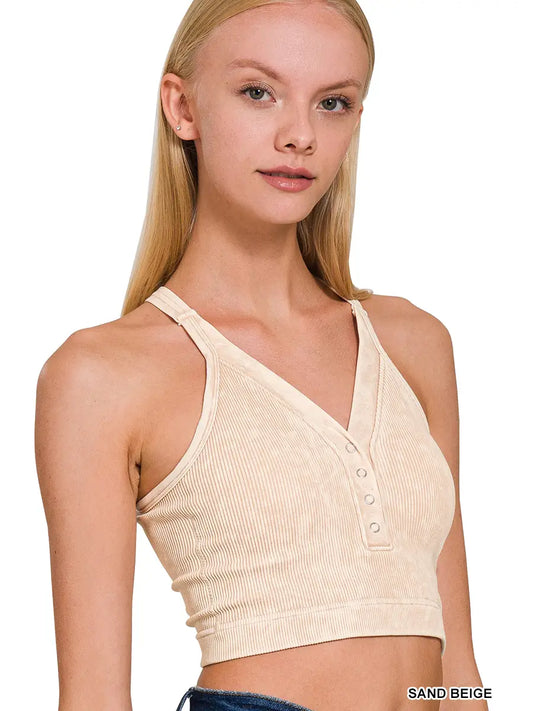 Washed Ribbed Cropped Button V-Neck Tank Top