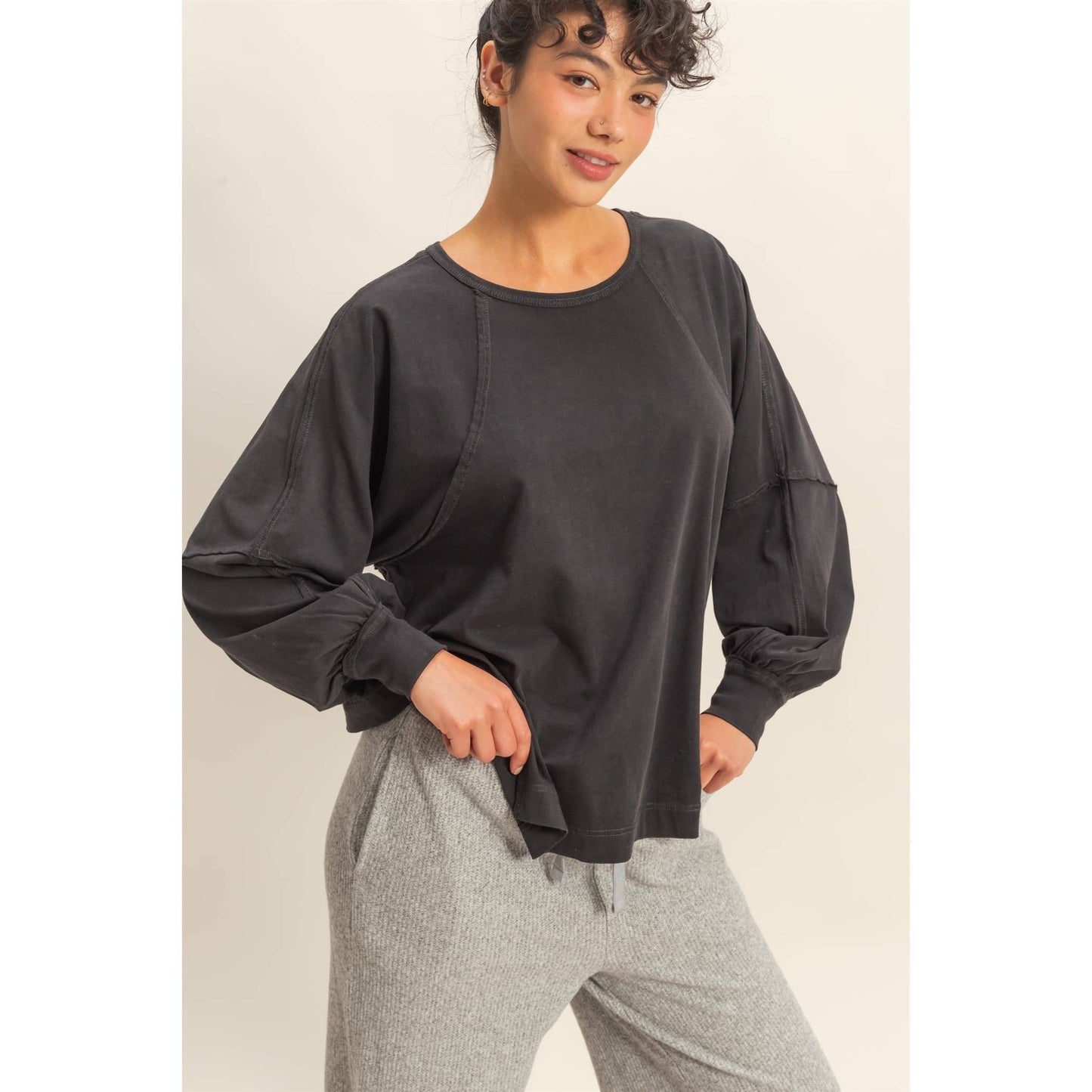 Washed Oversized Long Sleeve Top With Slit