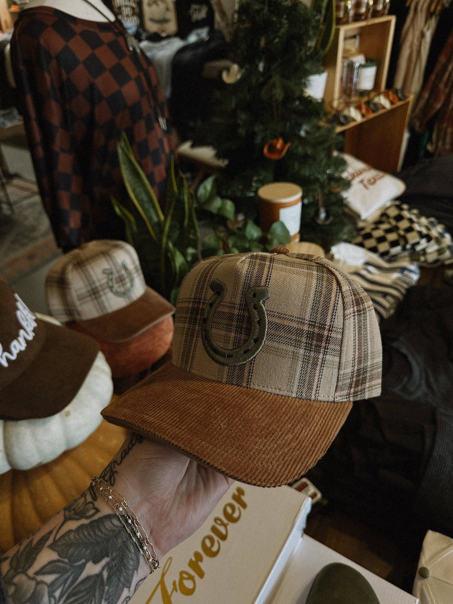 Horseshoe Plaid Corduroy Trucker Hat
