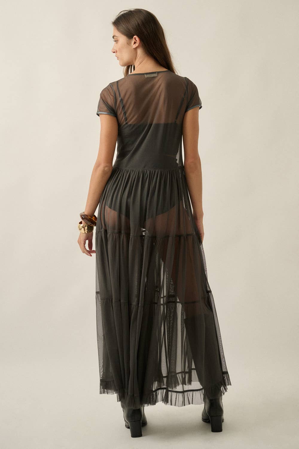 Mesh Short-Sleeve Button-Front Maxi Top