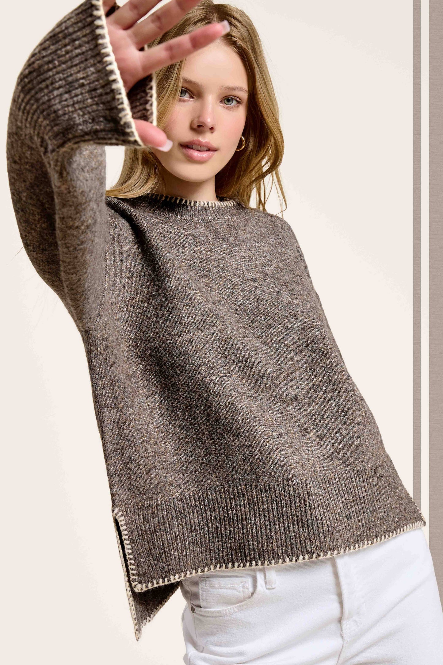 Hi-Low Sweater W/ Contrast Stitch