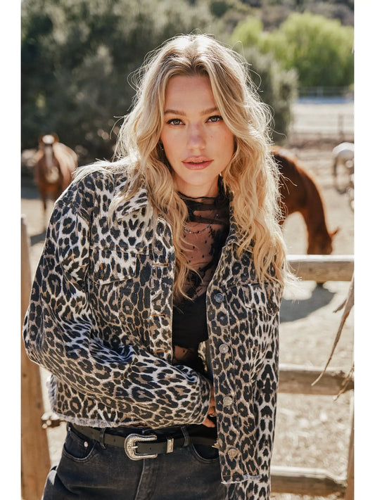Leopard Button Up Denim Trucker Jacket