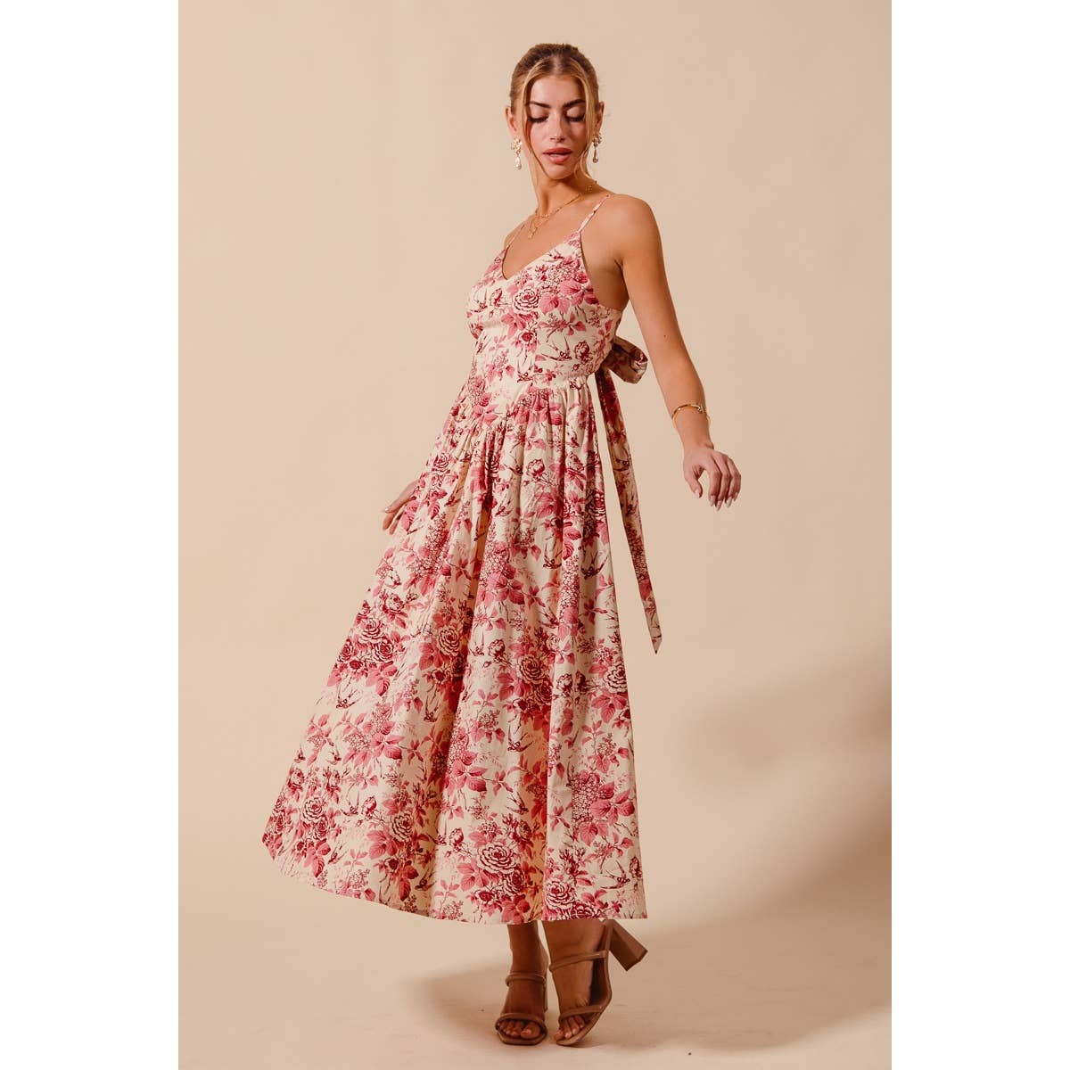 Floral Woven V Neck Dress With Back Ribbon Tie
