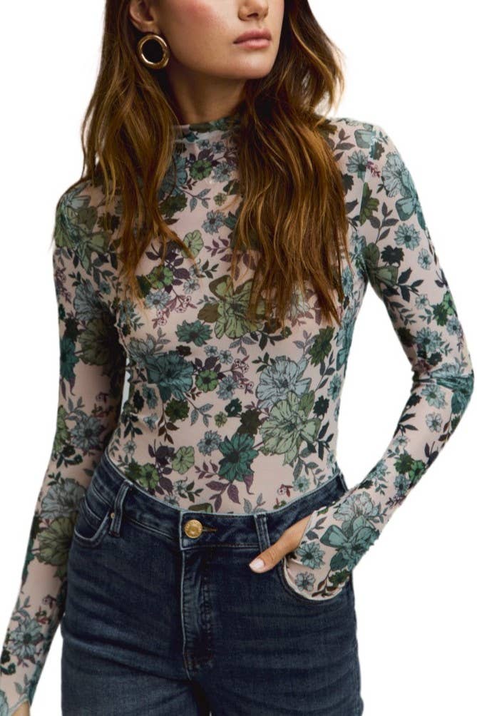 Floral Print Mesh Knit Long Sleeves Top