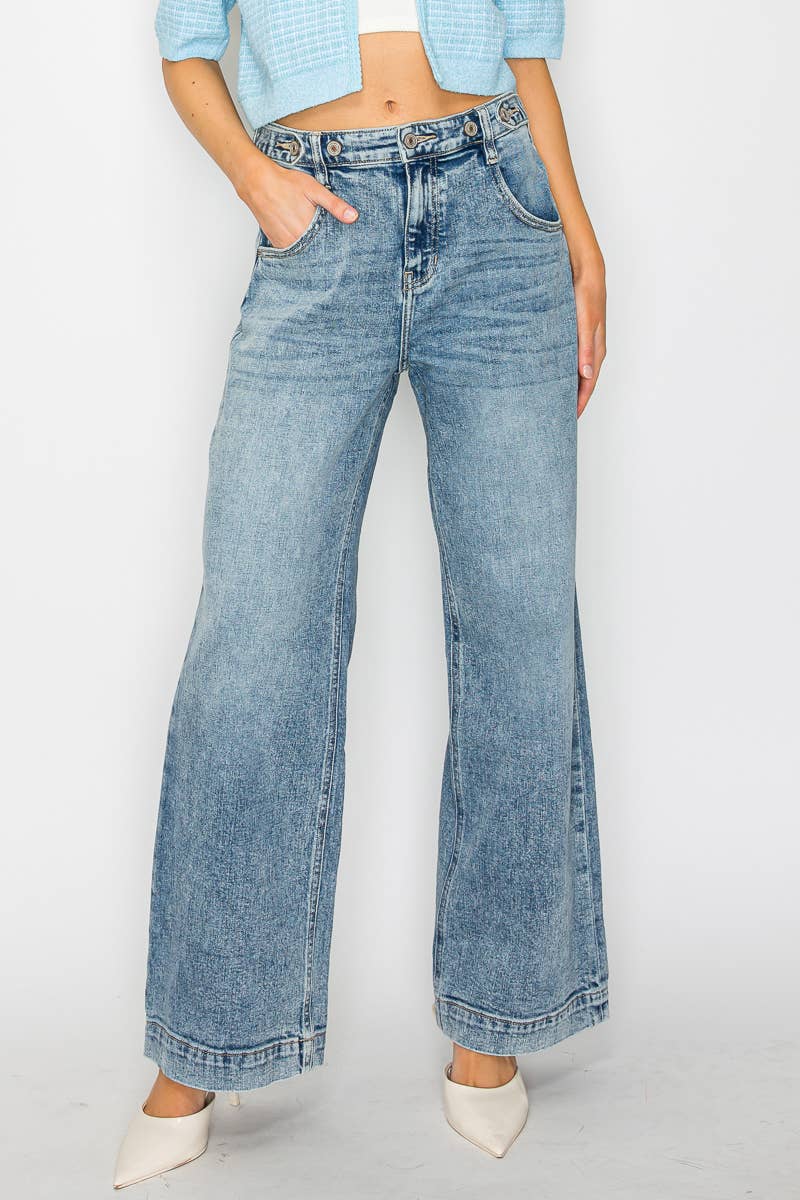 ADJUSTABLE WAISTBAND HIGH RISE BAGGY WIDE JEANS