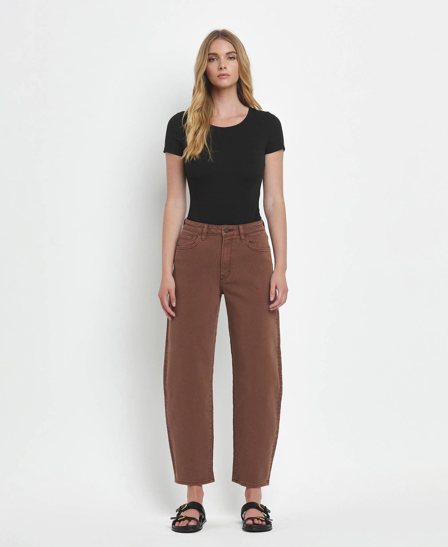 Super High Rise Brown Slim Barrel Jeans