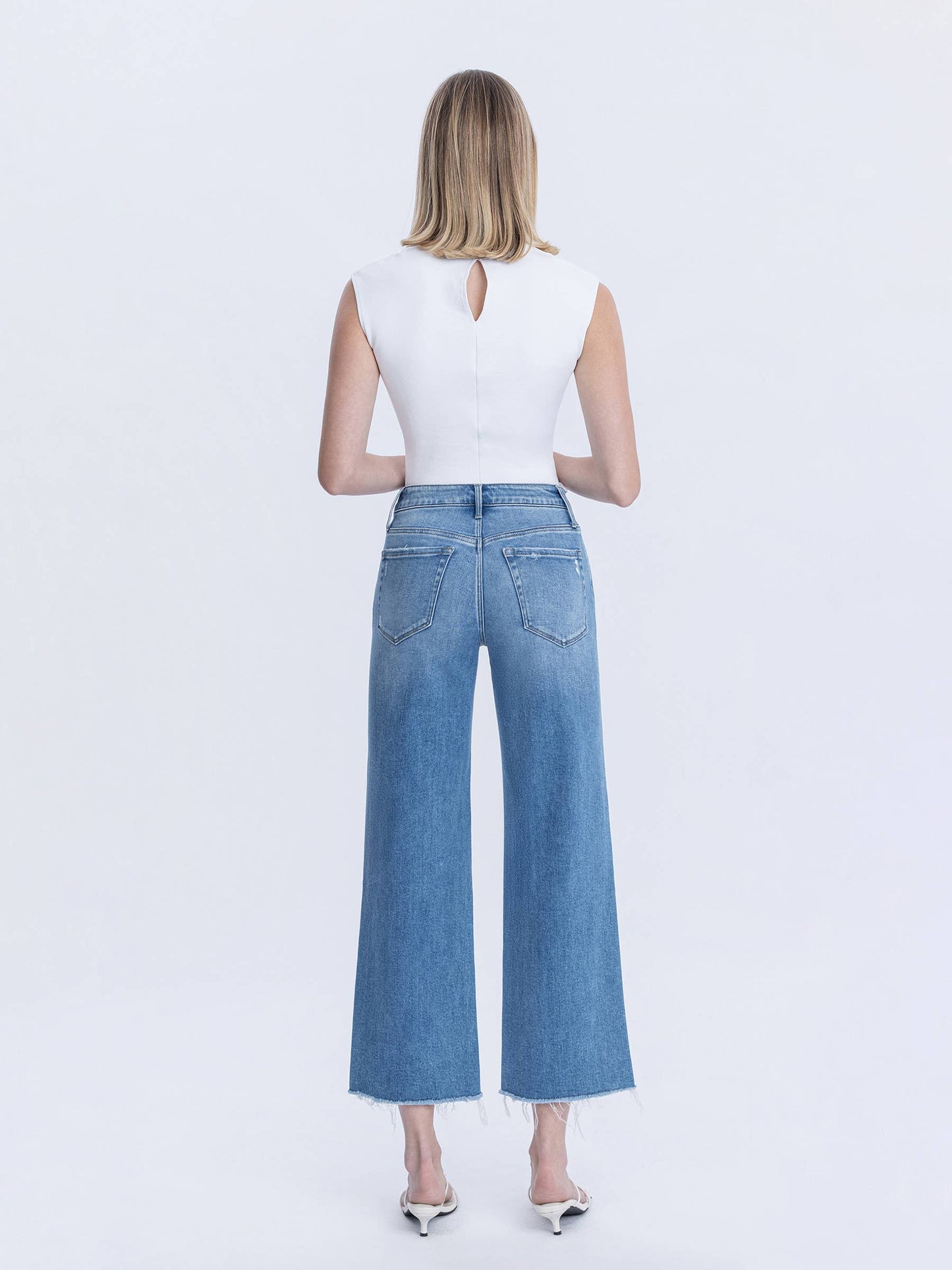 High Rise Raw Hem Crop Slim Wide Leg Jeans