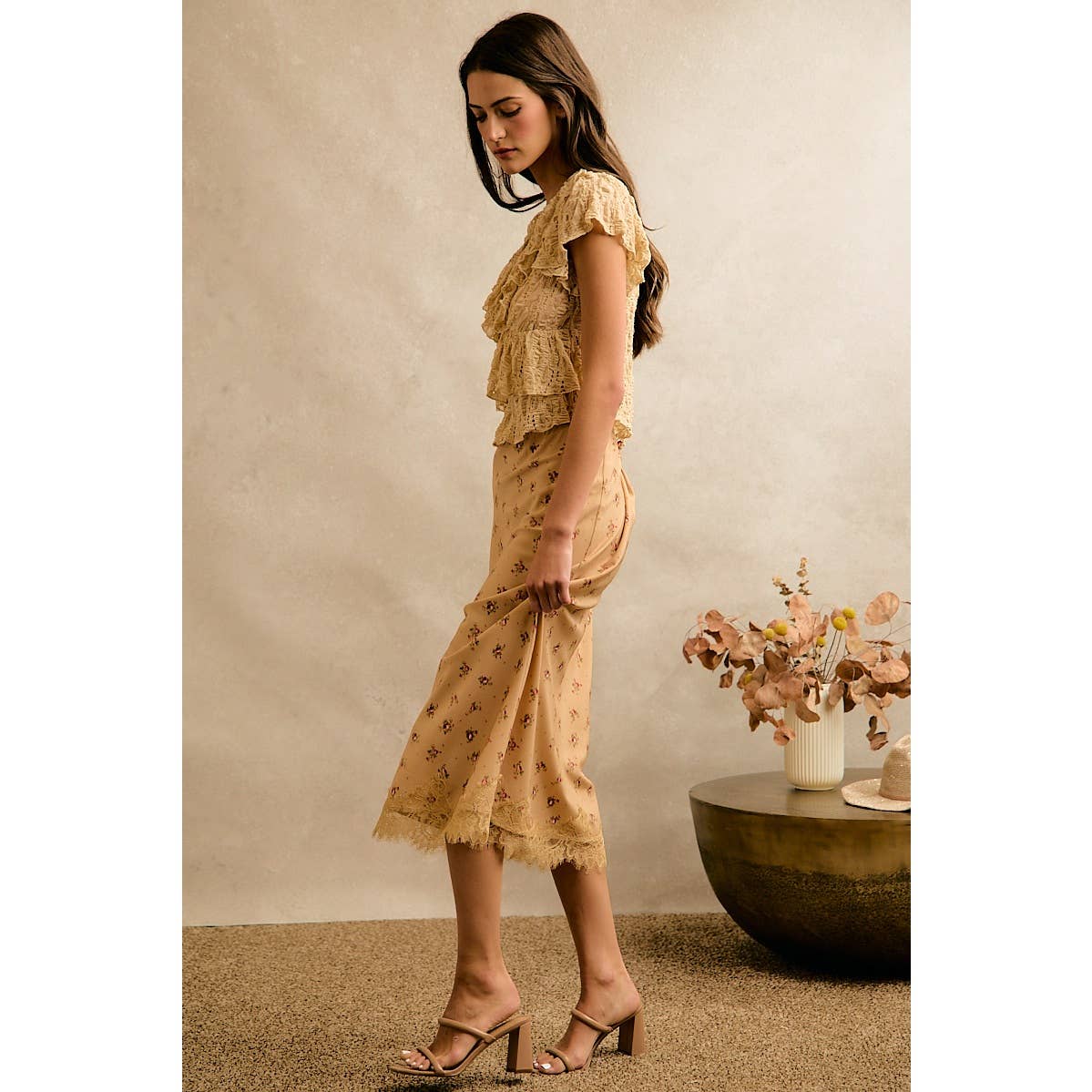 Satin Floral Print Lace Trim Midi Skirt