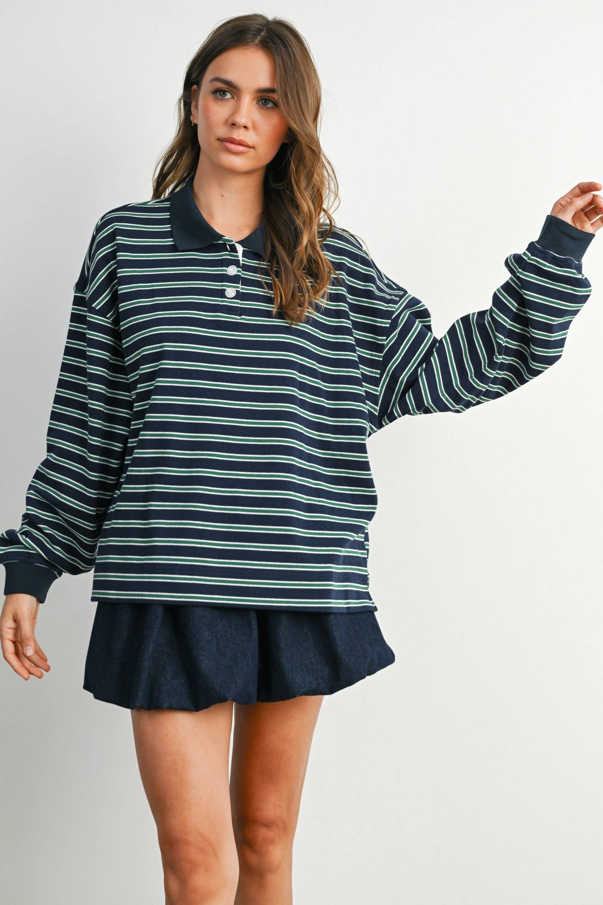 Quarter-Button Striped Collared Long Sleeve Top