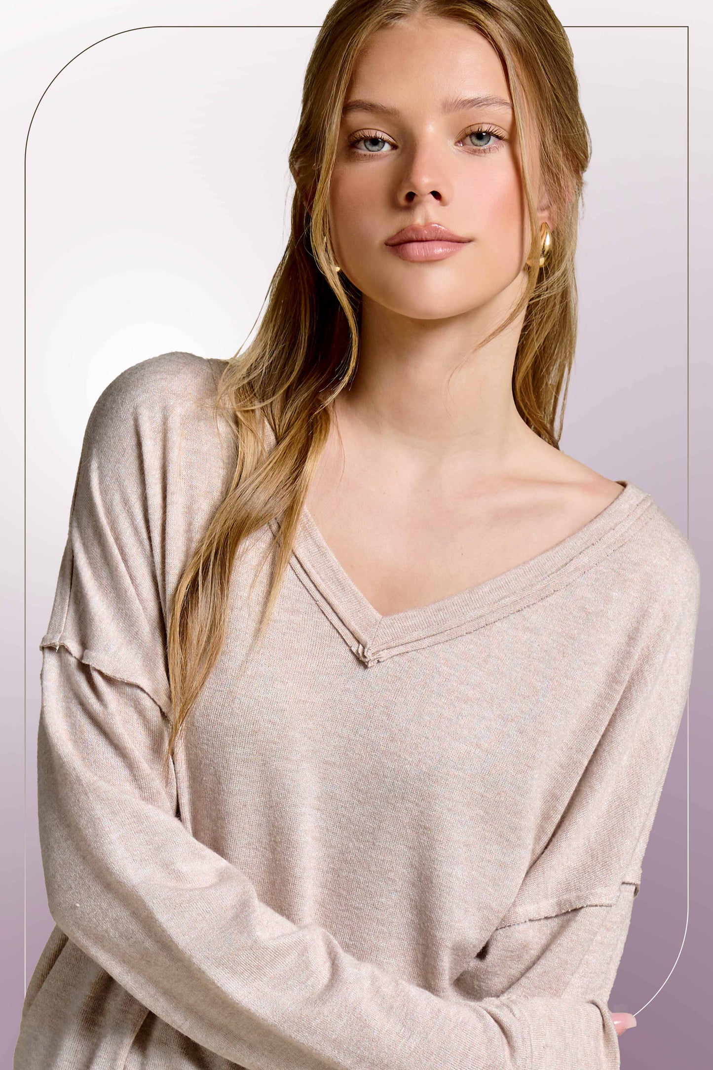 V-Neck Cut Edge Long Sleeve Top