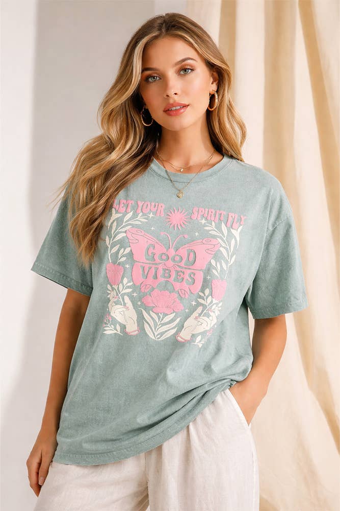 Good Vibes Butterfly Mineral Sage T-Shirt