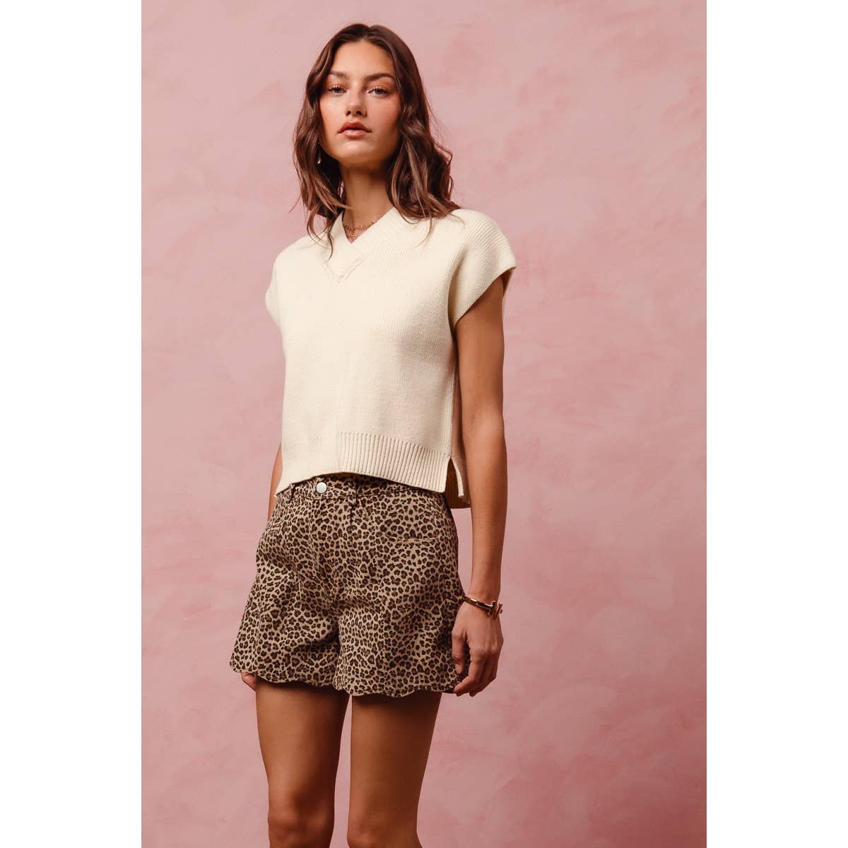 Mid Rise Leopard Shorts with Scallop Hem