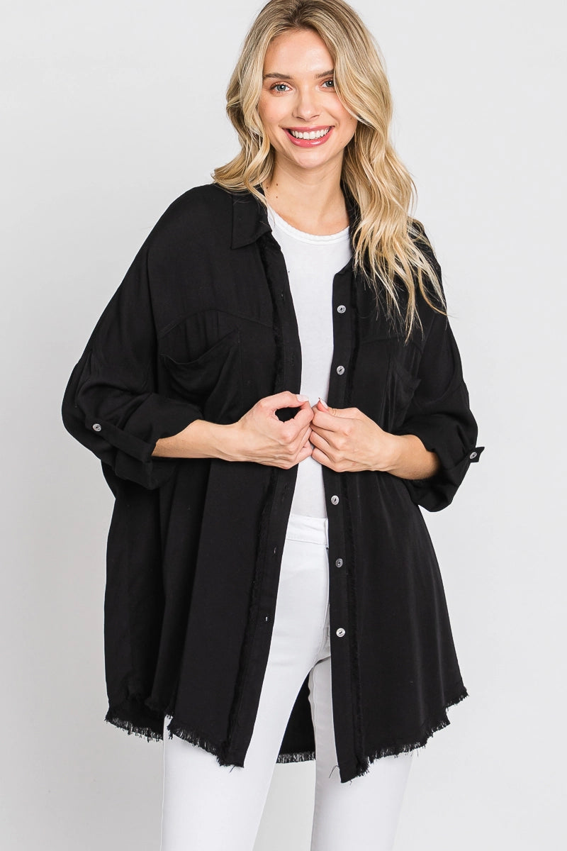 Oversized Frayed Black Button Down