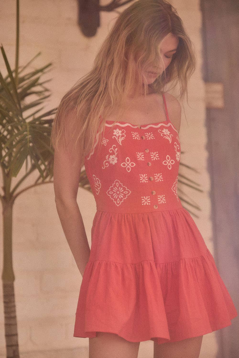Floral-Embroidered Cotton Tiered Romper
