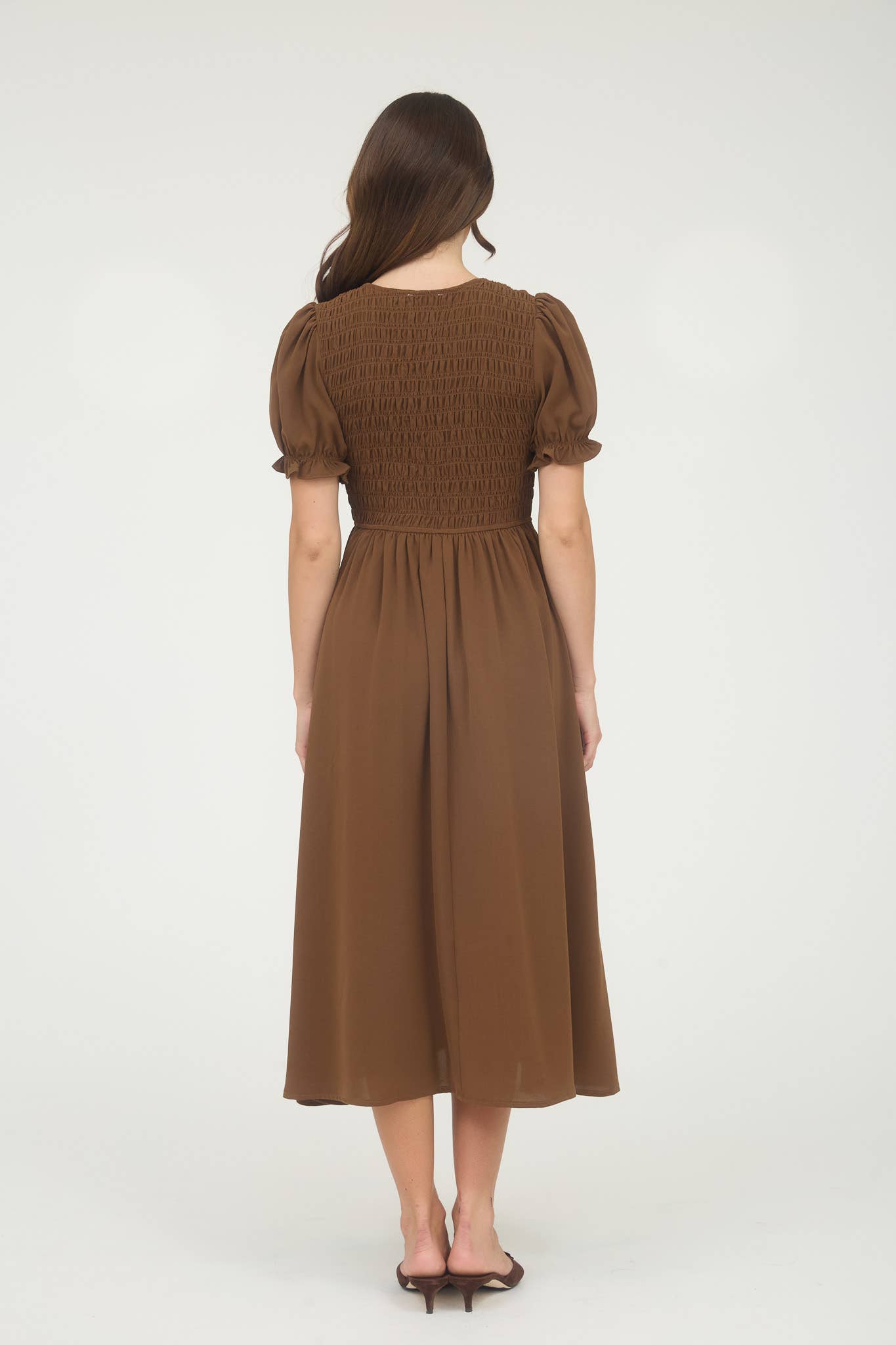 Brown Puff Sleeve Midi Dress
