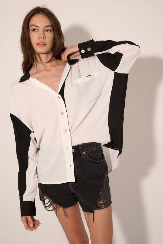 Color Block Collar Neck Long Sleeve Woven Shirt