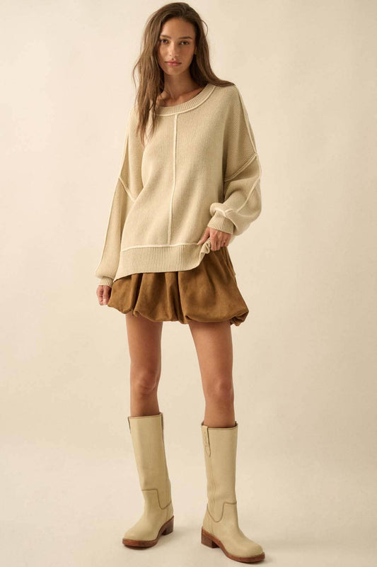 Solid Ribbed Knit Exposed-Seam Oversize Sweater