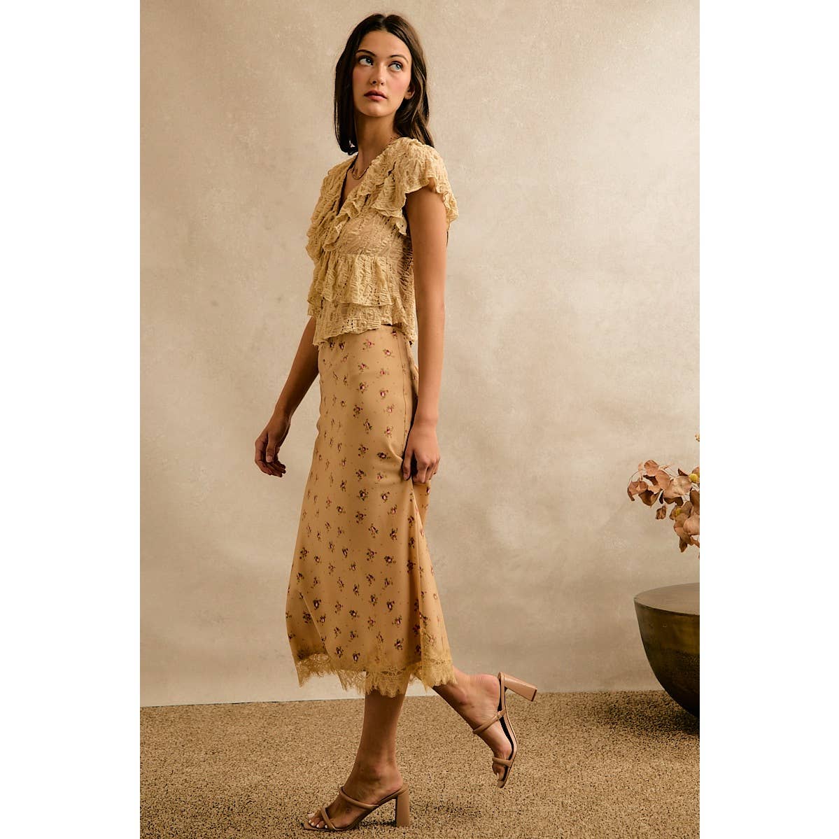 Satin Floral Print Lace Trim Midi Skirt