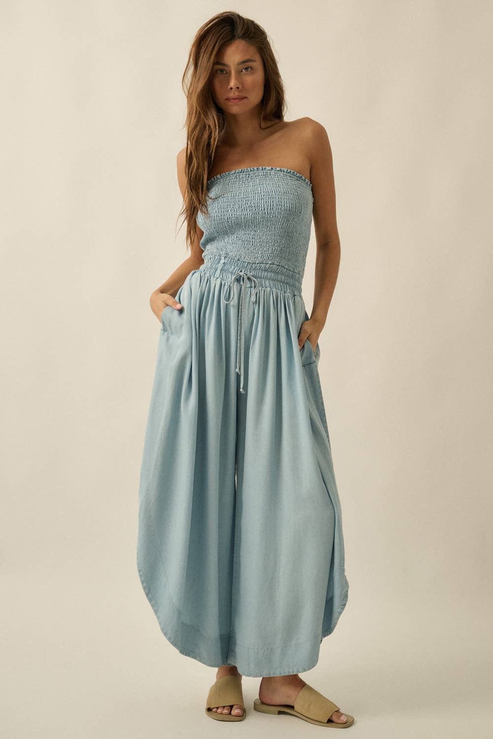 Tencel Denim Strapless Tulip-Leg Jumpsuit