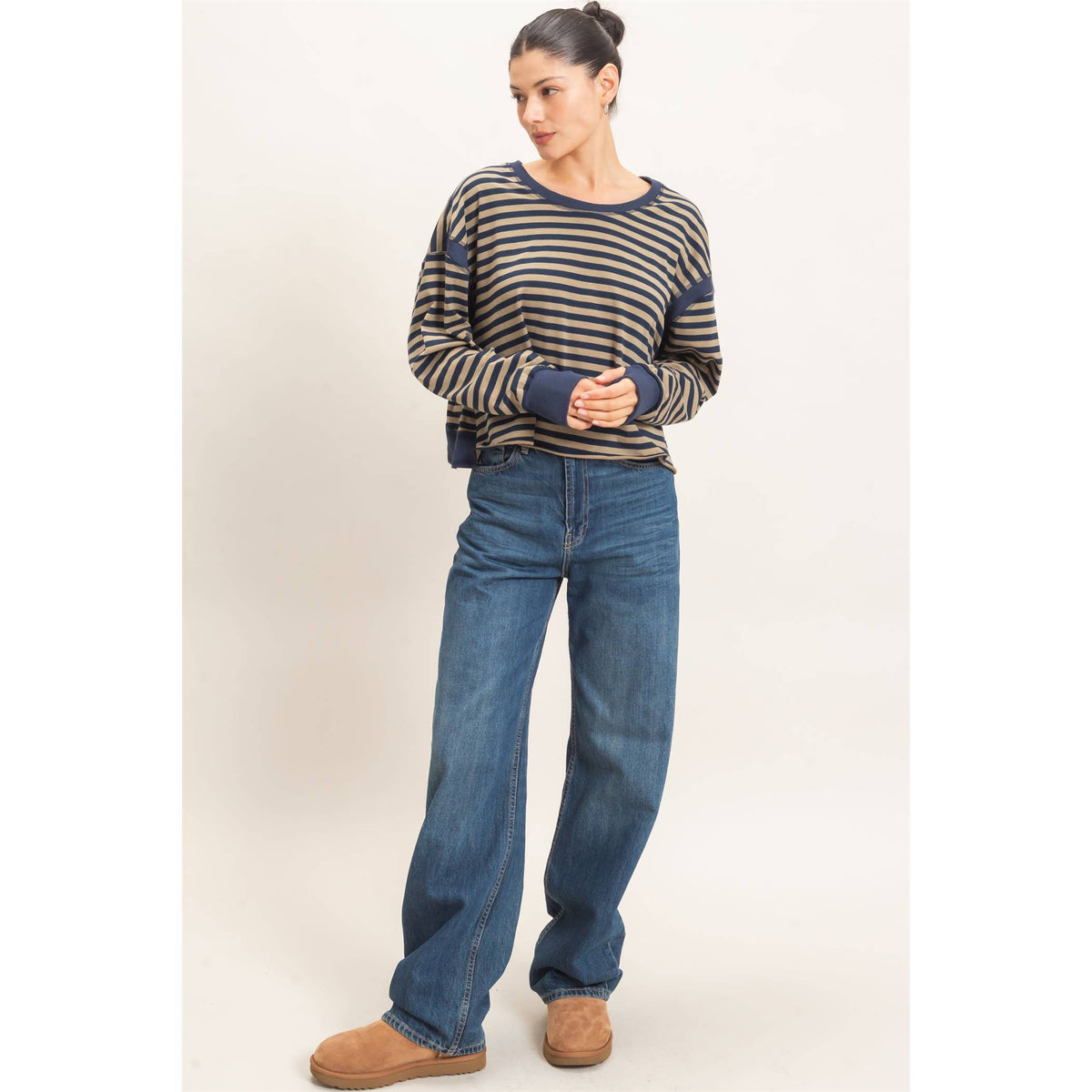 Striped Long Sleeve Open Back Top