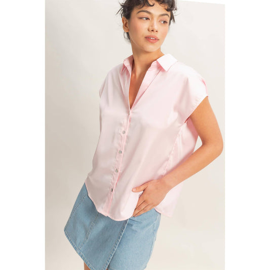 Sleeveless Satin Button-Up Blouse