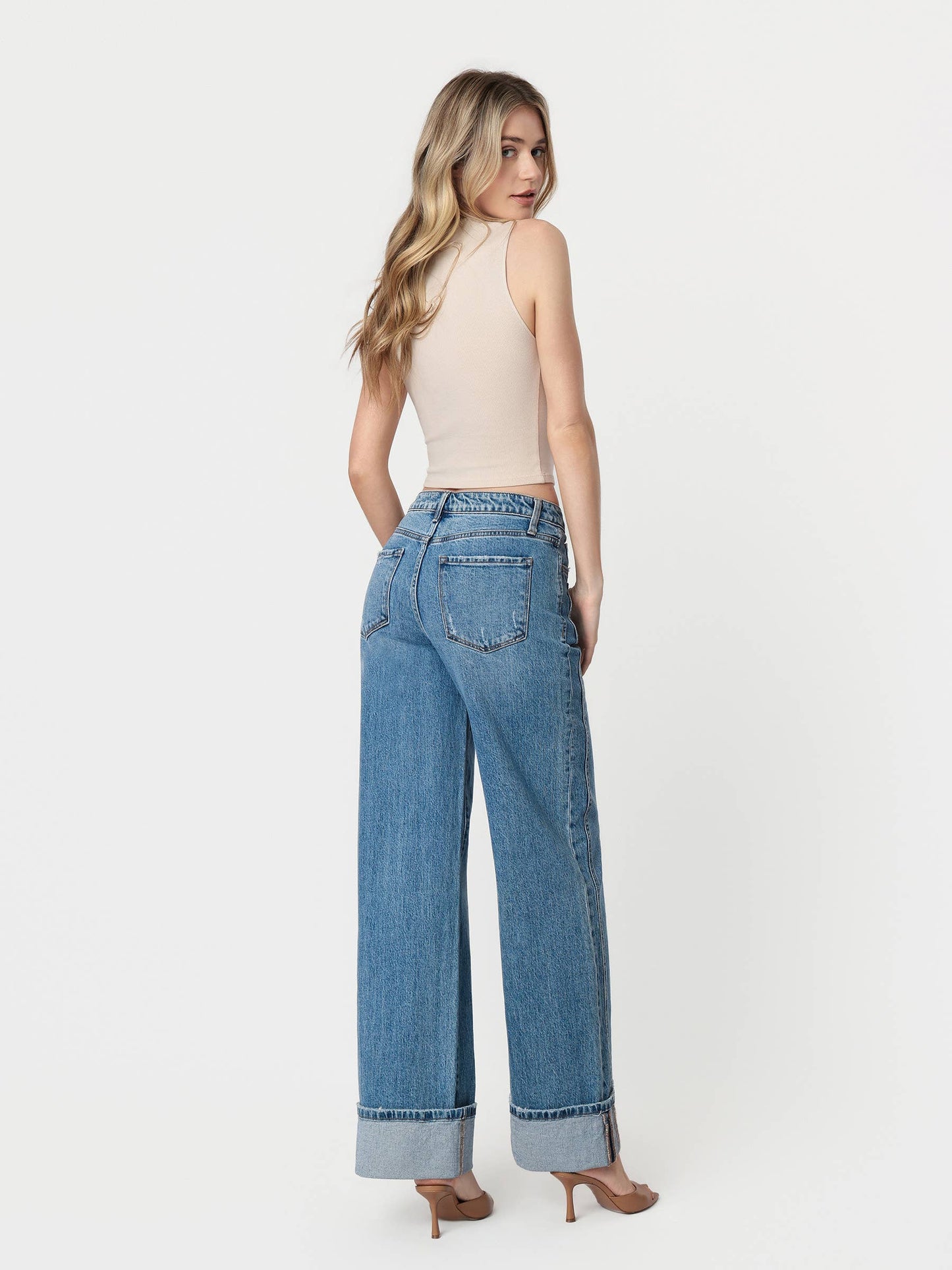 High Rise Cuffed Panel Baggy Wide Jeans