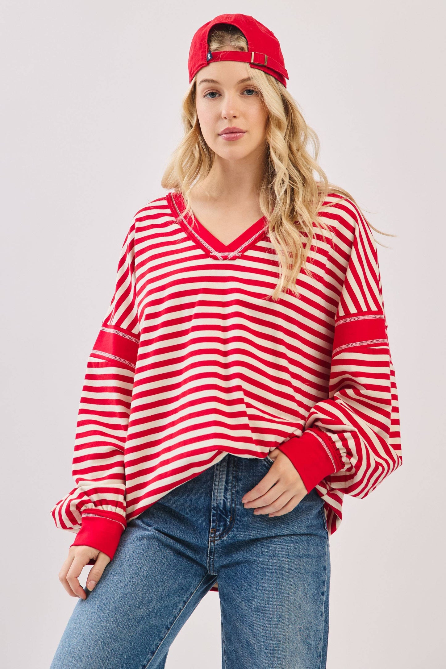 Striped Balloon Sleeve V-Neck Knit Top