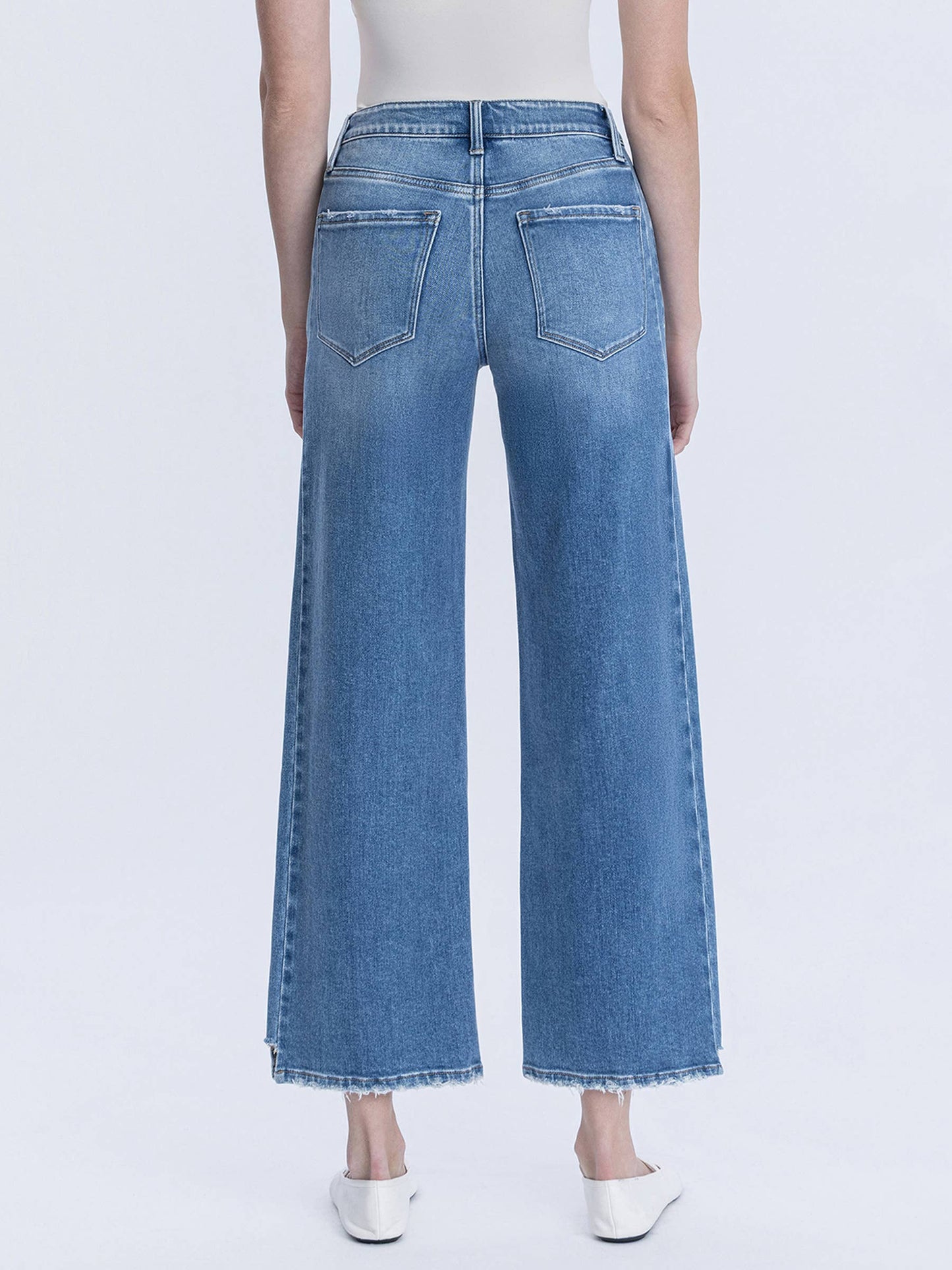 High Rise Side Panel Step Hem Ankle Wide Jeans