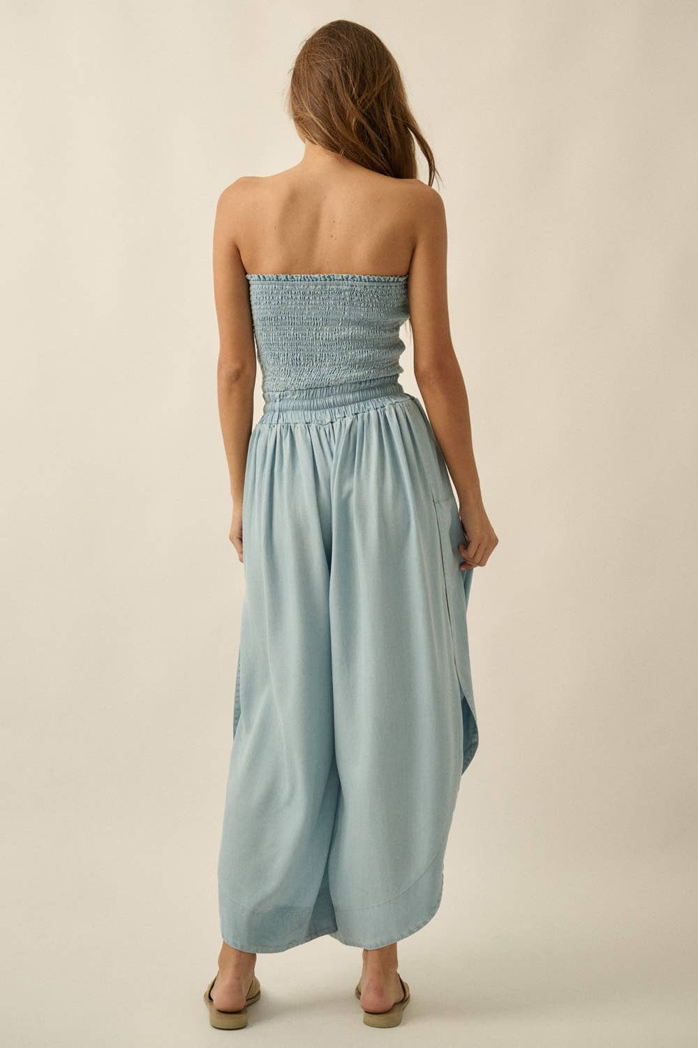 Tencel Denim Strapless Tulip-Leg Jumpsuit