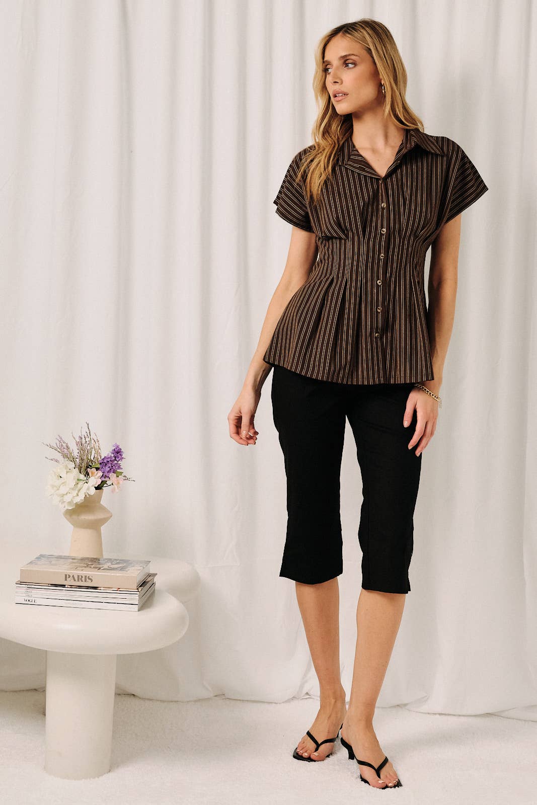 Short Sleeve Button Down Pleated Stripe Shirt
