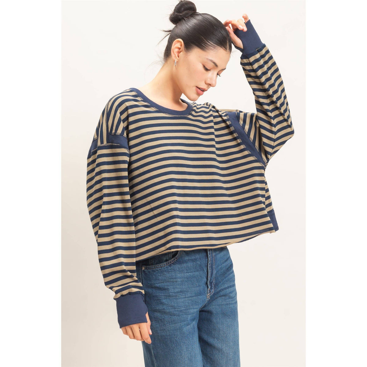 Striped Long Sleeve Open Back Top