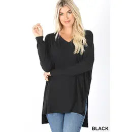 Solid Dolman Sleeve V-Neck High Low Top with Side Slits