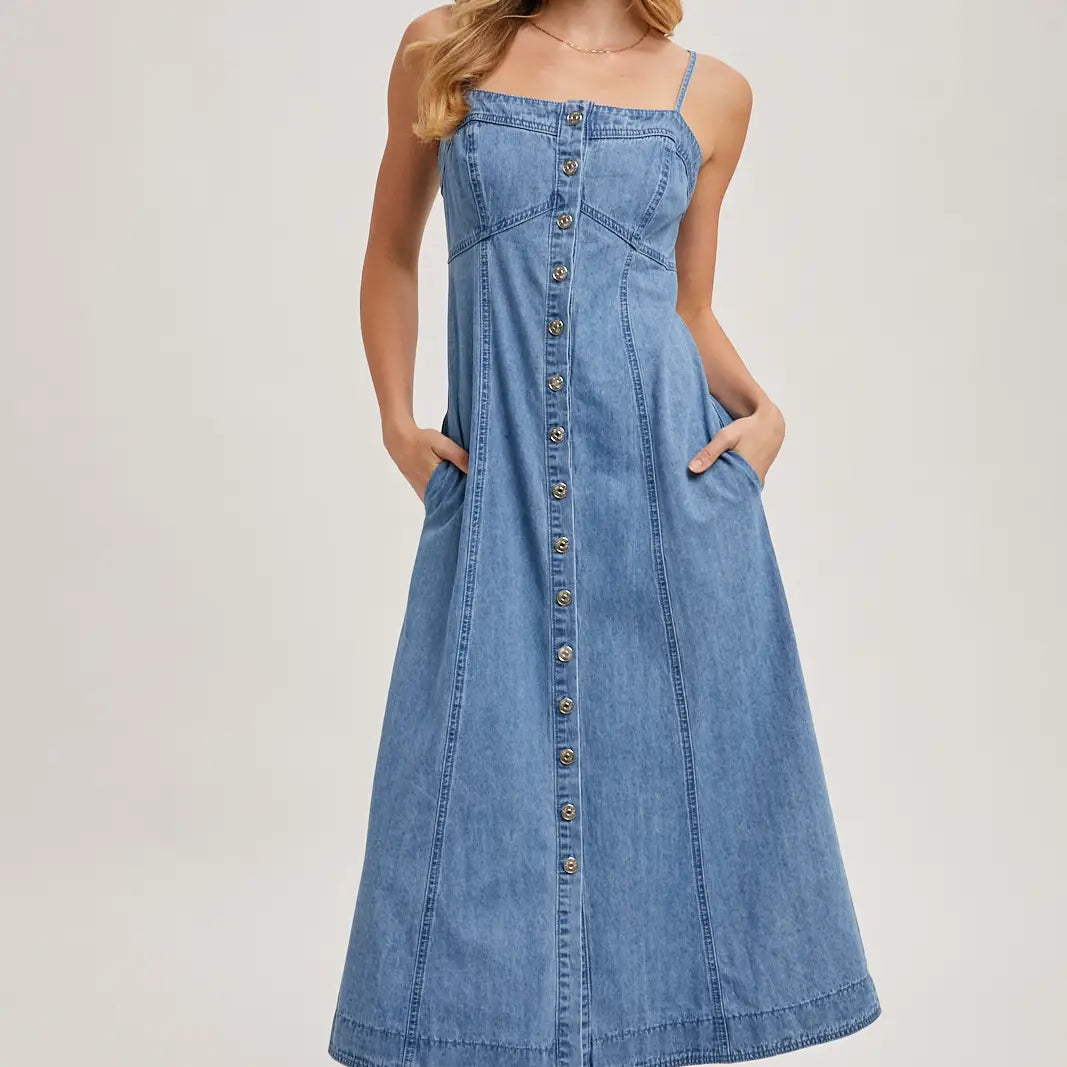 Button Down Sleeveless Denim Midi Dress