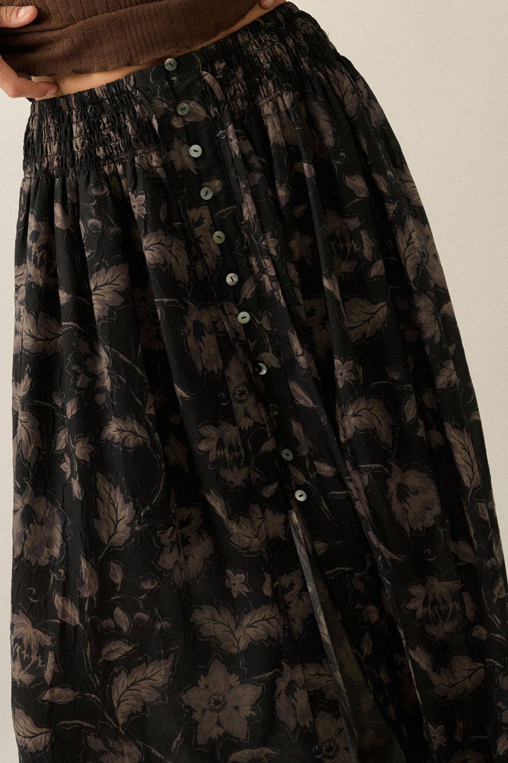 Floral-Print Button-Front Ruffle Maxi Skirt