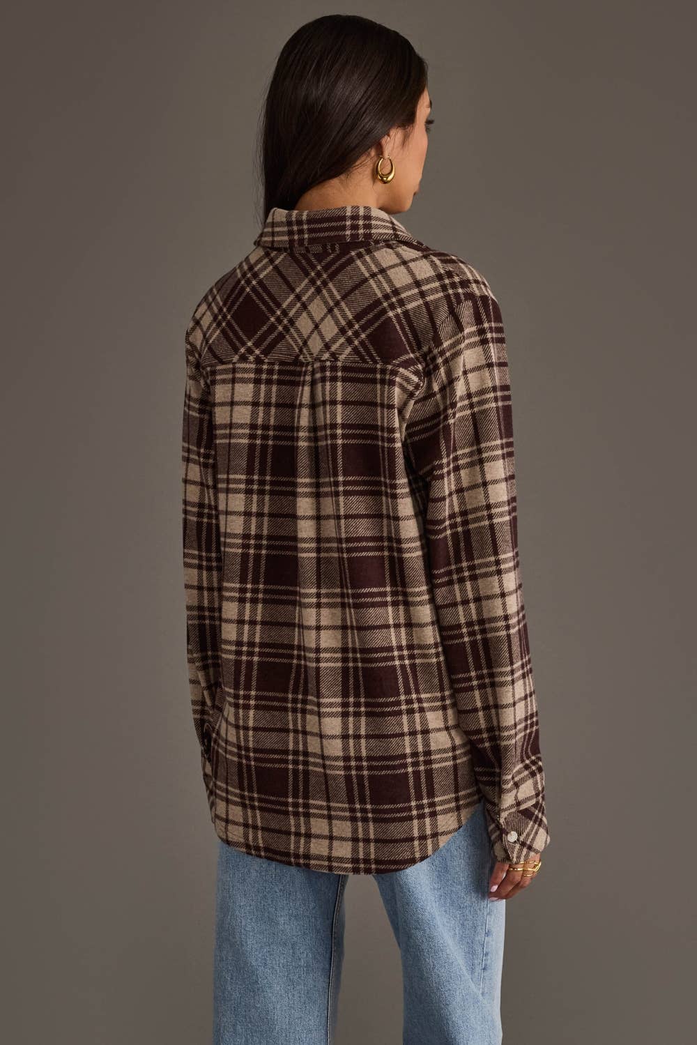 Chocolate Brown & Tan Plaid Button Up