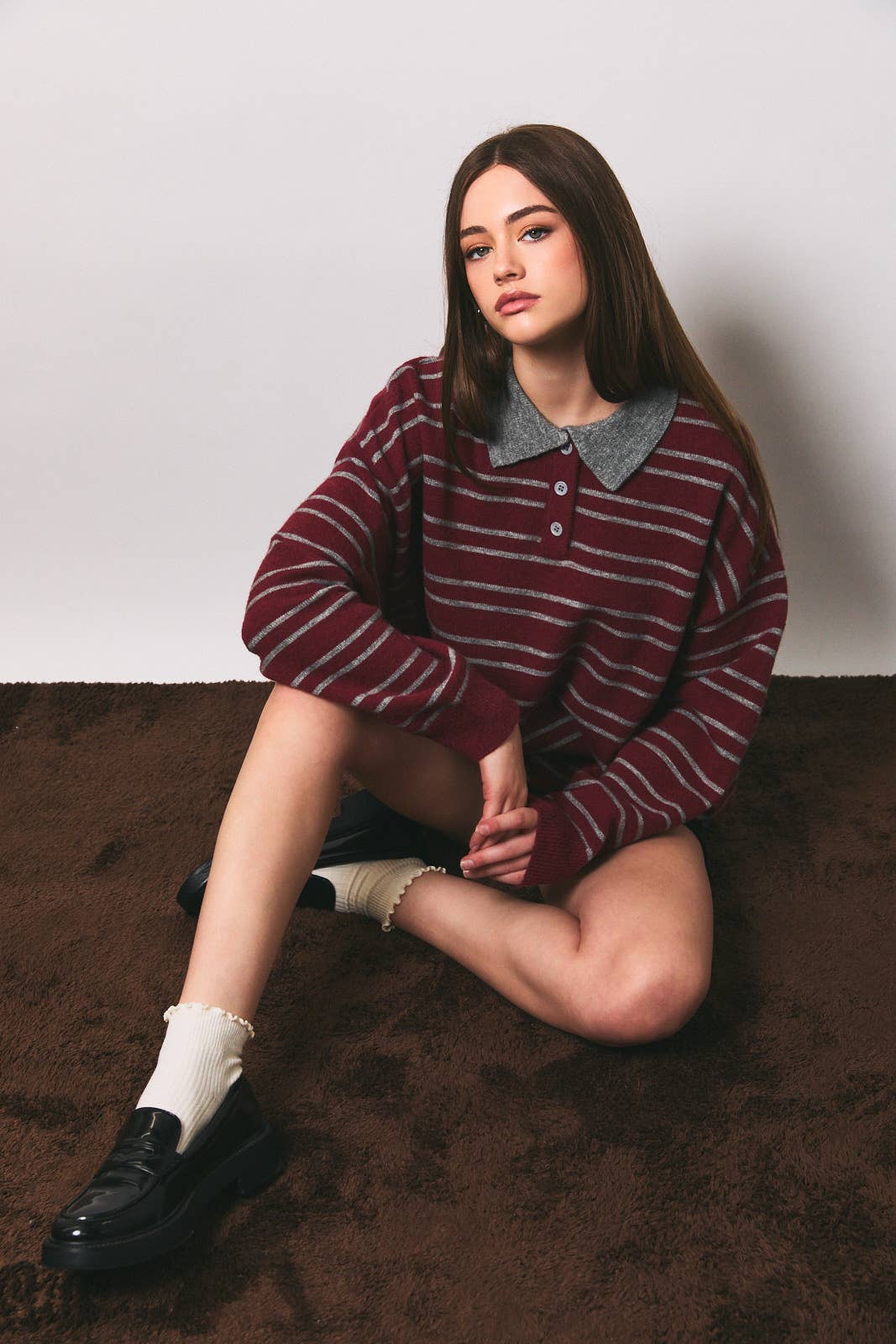 Maroon Striped Collared Knit Pullover Sweater