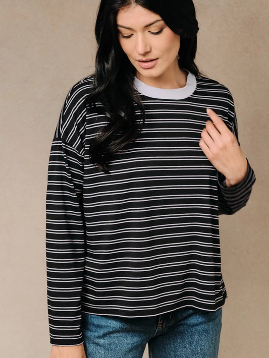 Striped Contrast Collar Drop Shoulder Oversized Top