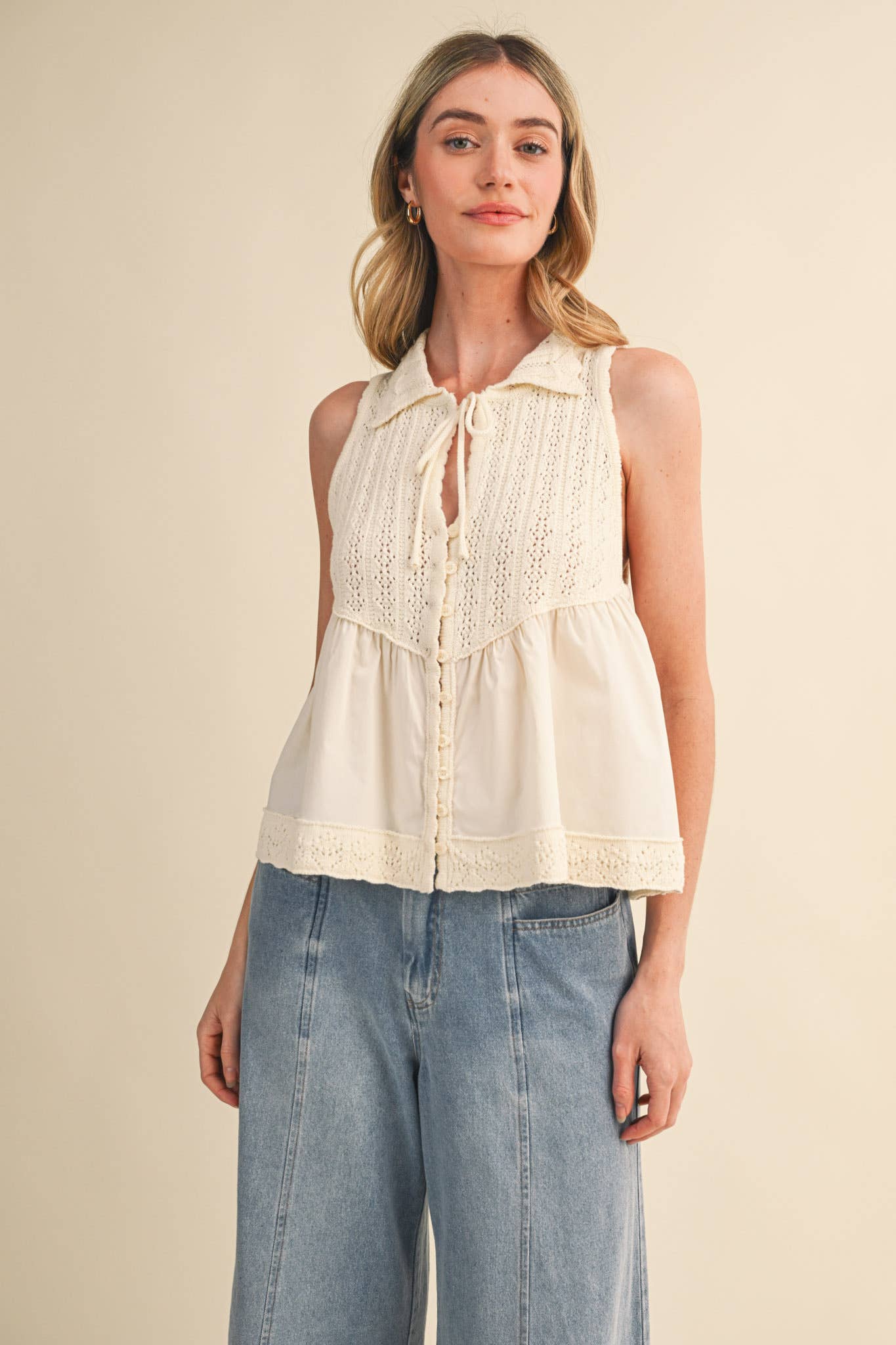 Mixed Media Collared Button Down Sweater Top