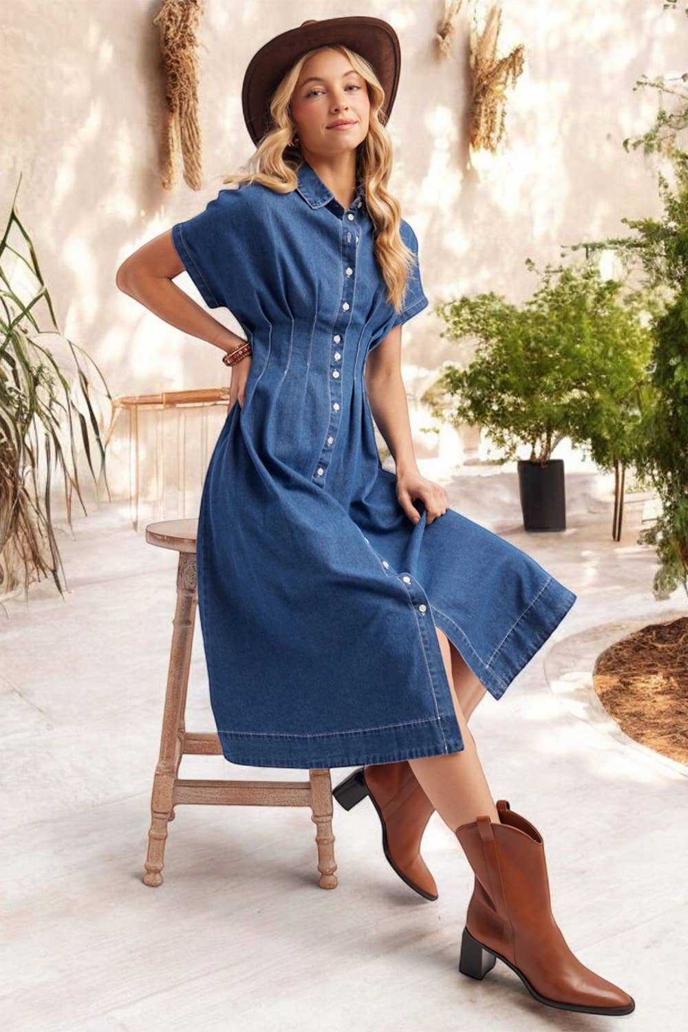Button Down Pleated Waist Denim Shirt Dress