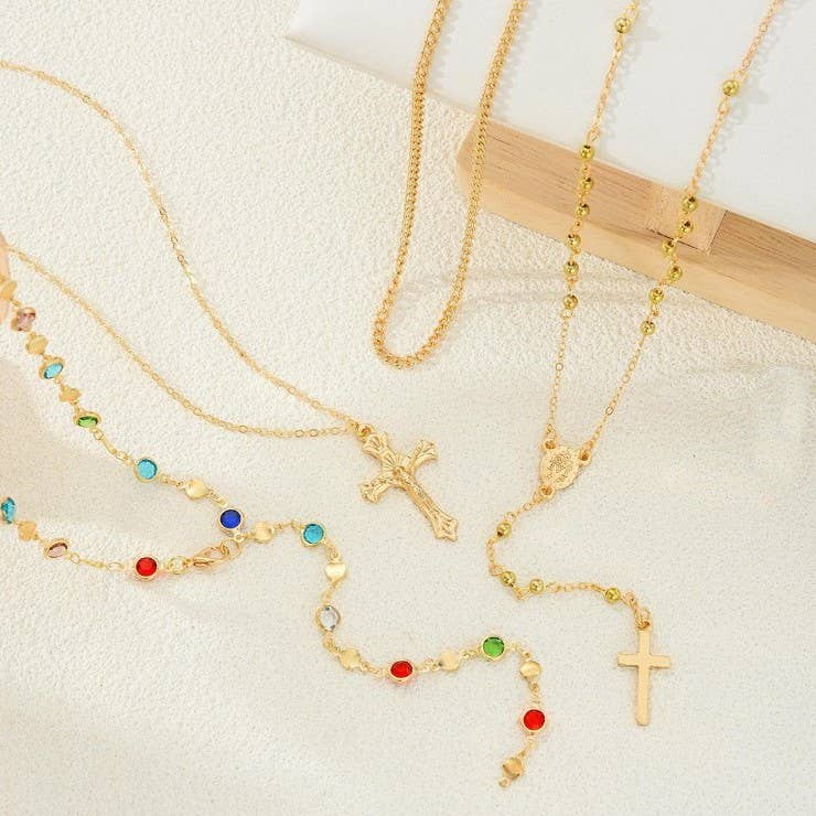 Boho Lariat Multi Stone Layered Cross Necklace