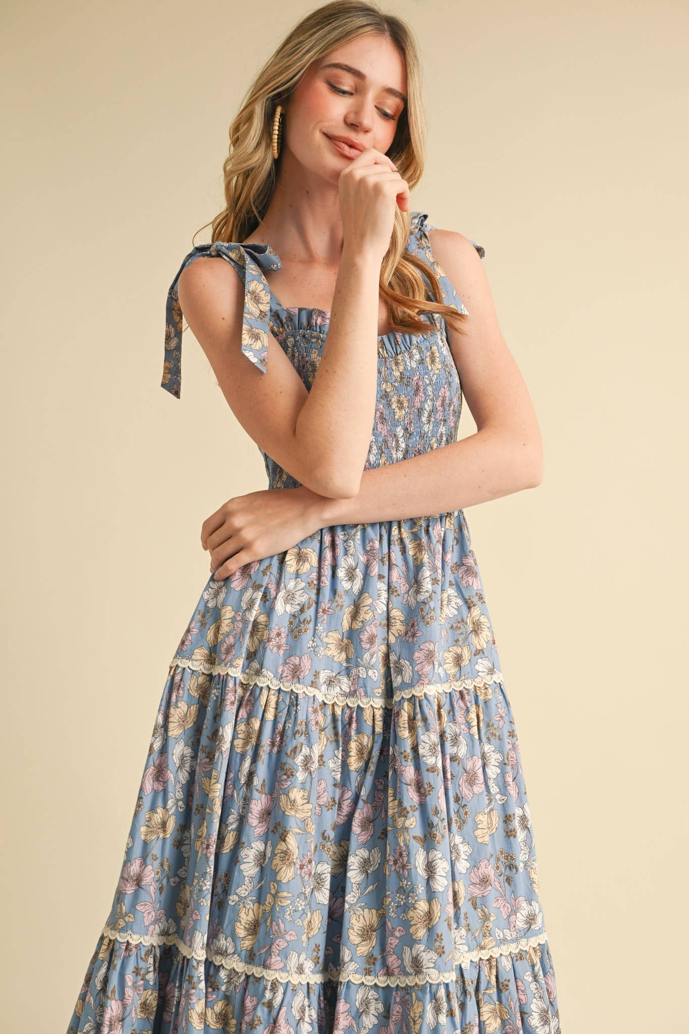 Floral Ruffled Lace Trim Midi Dress