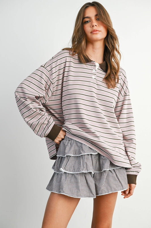 Quarter-Button Striped Collared Long Sleeve Top